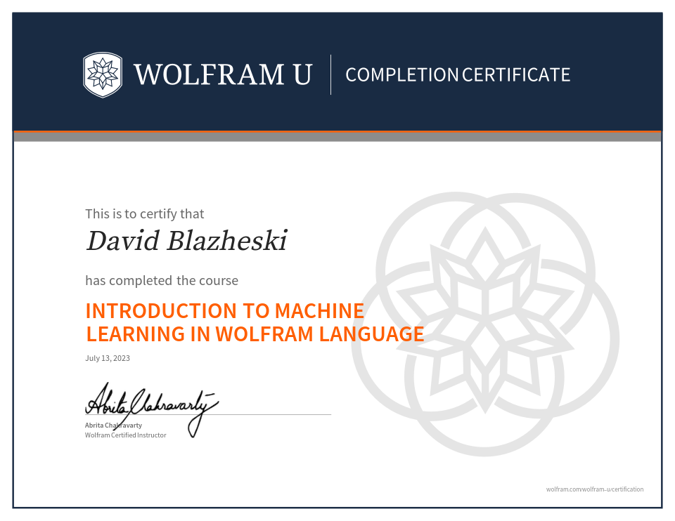 Wolfram U Certificate: Introduction to Machine Learning in Wolfram Language