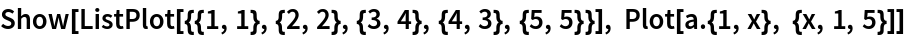 Show[ListPlot[{{1, 1}, {2, 2}, {3, 4}, {4, 3}, {5, 5}}], Plot[a . {1, x}, {x, 1, 5}]]