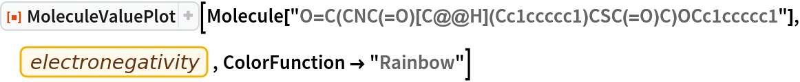 ResourceFunction["MoleculeValuePlot"][
 Molecule["O=C(CNC(=O)[C@@H](Cc1ccccc1)CSC(=O)C)OCc1ccccc1"], EntityProperty["Element", "Electronegativity"], ColorFunction -> "Rainbow"]