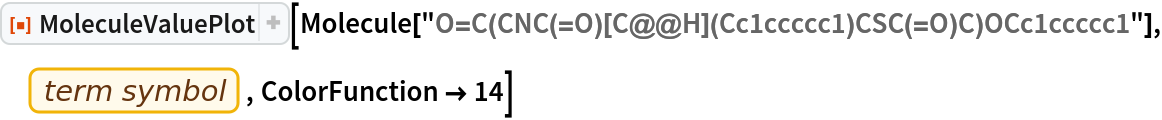 ResourceFunction["MoleculeValuePlot"][
 Molecule["O=C(CNC(=O)[C@@H](Cc1ccccc1)CSC(=O)C)OCc1ccccc1"], EntityProperty["Element", "TermSymbol"], ColorFunction -> 14]