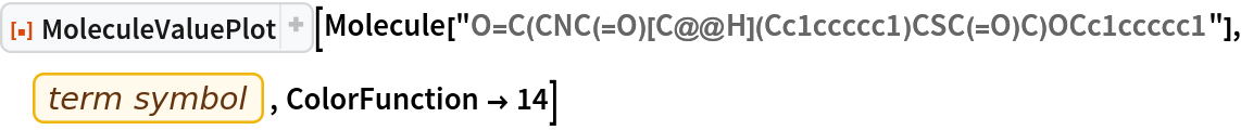 ResourceFunction["MoleculeValuePlot"][
 Molecule["O=C(CNC(=O)[C@@H](Cc1ccccc1)CSC(=O)C)OCc1ccccc1"], EntityProperty["Element", "TermSymbol"], ColorFunction -> 14]