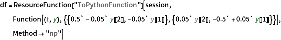 df = ResourceFunction["ToPythonFunction"][session, Function[{t, y}, {{0.5` - 0.05` y[[2]], -0.05` y[[1]]}, {0.05` y[[2]], -0.5` + 0.05` y[[1]]}}], Method -> "np"]