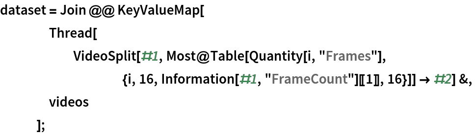 dataset = Join @@ KeyValueMap[
    Thread[
      VideoSplit[#1, Most@Table[
          Quantity[i, "Frames"], {i, 16, Information[#1, "FrameCount"][[1]], 16}]] -> #2] &,
    videos
    ];