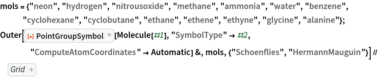 mols = {"neon", "hydrogen", "nitrousoxide", "methane", "ammonia", "water", "benzene", "cyclohexane", "cyclobutane", "ethane", "ethene", "ethyne", "glycine", "alanine"};
Outer[ResourceFunction["PointGroupSymbol"][Molecule[#1], "SymbolType" -> #2, "ComputeAtomCoordinates" -> Automatic] &, mols, {"Schoenflies", "HermannMauguin"}] // RightComposition[
 MapThread[Join[{#, 
MoleculePlot3D[
Molecule[#], ImageSize -> Tiny]}, #2]& , {mols, #}]& , Prepend[#, {"Molecule", SpanFromLeft, "Schoenflies", "Hermann-Mauguin"}]& , Grid[#, Dividers -> {{Thick, False, {Gray}, Thick}, {Thick, True, {Gray}, Thick}}]& ]