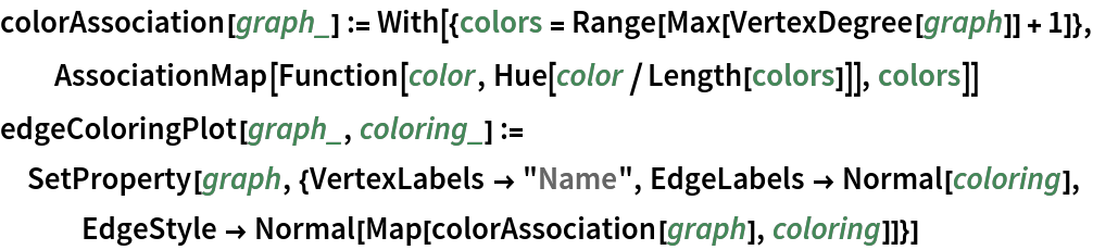 colorAssociation[graph_] := With[{colors = Range[Max[VertexDegree[graph]] + 1]}, AssociationMap[Function[color, Hue[color/Length[colors]]], colors]]
edgeColoringPlot[graph_, coloring_] := SetProperty[
  graph, {VertexLabels -> "Name", EdgeLabels -> Normal[coloring], EdgeStyle -> Normal[Map[colorAssociation[graph], coloring]]}]