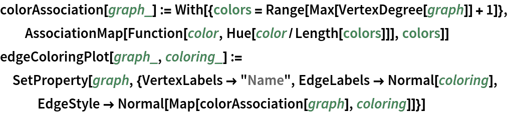 colorAssociation[graph_] := With[{colors = Range[Max[VertexDegree[graph]] + 1]}, AssociationMap[Function[color, Hue[color/Length[colors]]], colors]]
edgeColoringPlot[graph_, coloring_] := SetProperty[
  graph, {VertexLabels -> "Name", EdgeLabels -> Normal[coloring], EdgeStyle -> Normal[Map[colorAssociation[graph], coloring]]}]