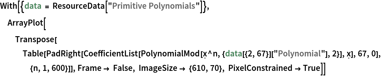 With[{data = ResourceData["Primitive Polynomials"]}, ArrayPlot[
  Transpose[
   Table[PadRight[
     CoefficientList[
      PolynomialMod[\[FormalX]^n, {data[{2, 67}]["Polynomial"], 2}], \[FormalX]], 67, 0], {n, 1, 600}]], Frame -> False, ImageSize -> {610, 70}, PixelConstrained -> True]]