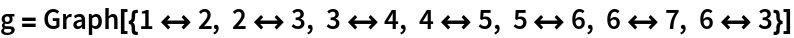 g = Graph[{1 <-> 2, 2 <-> 3, 3 <-> 4, 4 <-> 5, 5 <-> 6, 6 <-> 7, 6 <-> 3}]