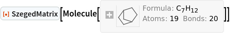 ResourceFunction["SzegedMatrix"][
Molecule[{"C", "C", "C", "C", "C", "C", "C", "H", "H", "H", "H", "H", "H", "H", "H", "H", "H", "H", "H"}, {
Bond[{1, 2}, "Single"], 
Bond[{2, 3}, "Single"], 
Bond[{3, 4}, "Single"], 
Bond[{4, 5}, "Single"], 
Bond[{5, 6}, "Single"], 
Bond[{6, 7}, "Single"], 
Bond[{6, 1}, "Single"], 
Bond[{7, 3}, "Single"], 
Bond[{1, 8}, "Single"], 
Bond[{1, 9}, "Single"], 
Bond[{2, 10}, "Single"], 
Bond[{2, 11}, "Single"], 
Bond[{3, 12}, "Single"], 
Bond[{4, 13}, "Single"], 
Bond[{4, 14}, "Single"], 
Bond[{5, 15}, "Single"], 
Bond[{5, 16}, "Single"], 
Bond[{6, 17}, "Single"], 
Bond[{7, 18}, "Single"], 
Bond[{7, 19}, "Single"]}, {}]]