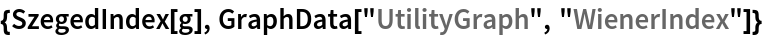 {SzegedIndex[g], GraphData["UtilityGraph", "WienerIndex"]}
