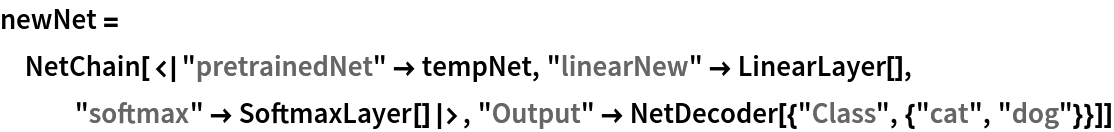 newNet = NetChain[<|"pretrainedNet" -> tempNet, "linearNew" -> LinearLayer[], "softmax" -> SoftmaxLayer[]|>, "Output" -> NetDecoder[{"Class", {"cat", "dog"}}]]