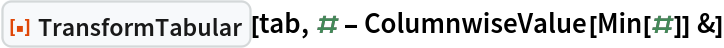 ResourceFunction["TransformTabular", ResourceVersion->"1.0.0"][tab, # - ColumnwiseValue[Min[#]] &]