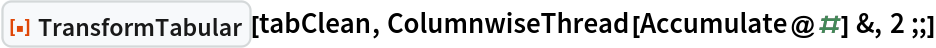 ResourceFunction["TransformTabular"][tabClean, ColumnwiseThread[Accumulate@#] &, 2 ;;]