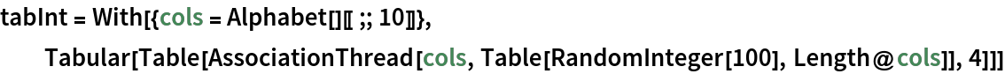 tabInt = With[{cols = Alphabet[][[;; 10]]},
  Tabular[
   Table[AssociationThread[cols, Table[RandomInteger[100], Length@cols]], 4]]]