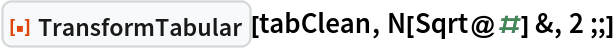 ResourceFunction["TransformTabular"][tabClean, N[Sqrt@#] &, 2 ;;]