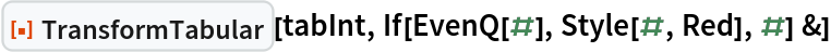 ResourceFunction["TransformTabular"][tabInt, If[EvenQ[#], Style[#, Red], #] &]