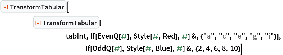 ResourceFunction["TransformTabular"][
 	ResourceFunction["TransformTabular"][
  		tabInt, If[EvenQ[#], Style[#, Red], #] &, {"a", "c", "e", "g", "i"}],
 			If[OddQ[#], Style[#, Blue], #] &, {2, 4, 6, 8, 10}]
