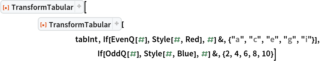 ResourceFunction["TransformTabular"][
 	ResourceFunction["TransformTabular"][
  		tabInt, If[EvenQ[#], Style[#, Red], #] &, {"a", "c", "e", "g", "i"}],
 			If[OddQ[#], Style[#, Blue], #] &, {2, 4, 6, 8, 10}]