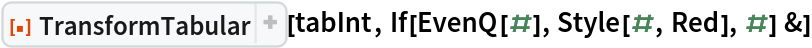 ResourceFunction["TransformTabular"][tabInt, If[EvenQ[#], Style[#, Red], #] &]