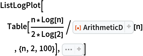 ListLogPlot[
 Table[((n*Log[n])/(2*Log[2]))/ResourceFunction["ArithmeticD"][n]
  , {n, 2, 100}], Sequence[
 PlotRange -> All, AxesOrigin -> {0, 0}, Filling -> Bottom, PlotStyle -> PointSize[0.01]]]