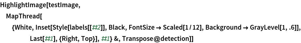 HighlightImage[testImage, MapThread[{White, Inset[Style[labels[[#2]], Black, FontSize -> Scaled[1/12], Background -> GrayLevel[1, .6]], Last[#1], {Right, Top}], #1} &,
   Transpose@detection]]