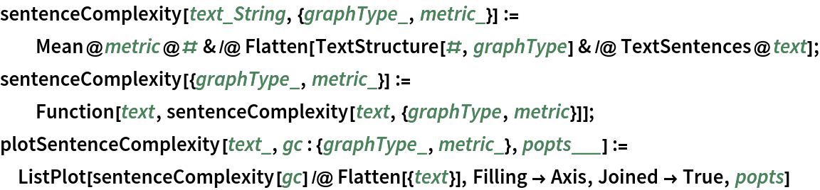 sentenceComplexity[text_String, {graphType_, metric_}] := Mean@metric@# & /@ Flatten[TextStructure[#, graphType] & /@ TextSentences@text];
sentenceComplexity[{graphType_, metric_}] := Function[text, sentenceComplexity[text, {graphType, metric}]];
plotSentenceComplexity[text_, gc : {graphType_, metric_}, popts___] :=
  ListPlot[sentenceComplexity[gc] /@ Flatten[{text}], Filling -> Axis,
   Joined -> True, popts]