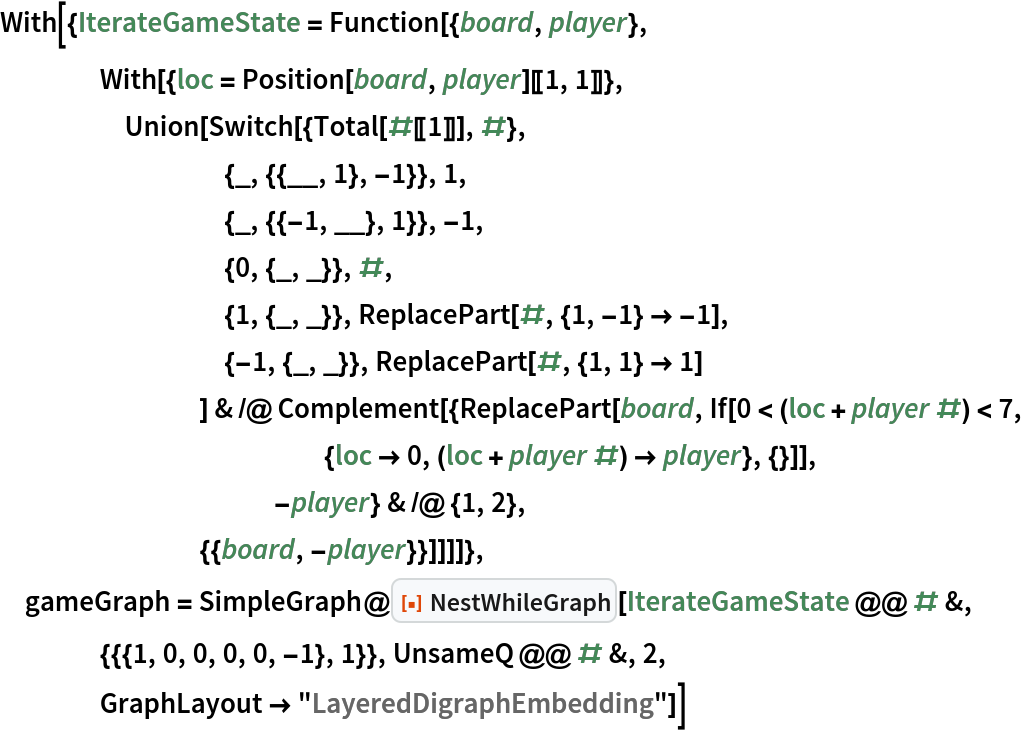 With[{IterateGameState = Function[{board, player},
    With[{loc = Position[board, player][[1, 1]]},
     Union[Switch[{Total[#[[1]]], #},
         {_, {{__, 1}, -1}}, 1,
         {_, {{-1, __}, 1}}, -1,
         {0, {_, _}}, #,
         {1, {_, _}}, ReplacePart[#, {1, -1} -> -1],
         {-1, {_, _}}, ReplacePart[#, {1, 1} -> 1]
         ] & /@ Complement[{ReplacePart[board, If[0 < (loc + player #) < 7,
             {loc -> 0, (loc + player #) -> player}, {}]],
           -player} & /@ {1, 2},
        {{board, -player}}]]]]},
 gameGraph = SimpleGraph@
   ResourceFunction["NestWhileGraph"][IterateGameState @@ # &,
    {{{1, 0, 0, 0, 0, -1}, 1}}, UnsameQ @@ # &, 2,
    GraphLayout -> "LayeredDigraphEmbedding"]]