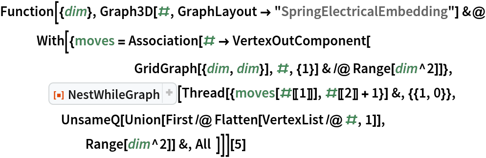 Function[{dim}, Graph3D[#, GraphLayout -> "SpringElectricalEmbedding"] &@
   With[{moves = Association[# -> VertexOutComponent[
           GridGraph[{dim, dim}], #, {1}] & /@ Range[dim^2]]},
    ResourceFunction["NestWhileGraph"][
     Thread[{moves[#[[1]]], #[[2]] + 1}] &, {{1, 0}},
     UnsameQ[Union[First /@ Flatten[VertexList /@ #, 1]],
       Range[dim^2]] &, All  ]]][5]