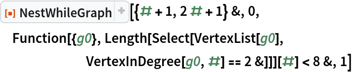 ResourceFunction["NestWhileGraph"][{# + 1, 2 # + 1} &, 0,
 Function[{g0}, Length[Select[VertexList[g0],
       VertexInDegree[g0, #] == 2 &]]][#] < 8 &, 1]