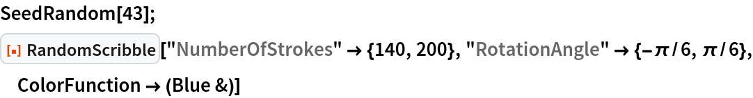 SeedRandom[43];
ResourceFunction["RandomScribble"]["NumberOfStrokes" -> {140, 200}, "RotationAngle" -> {-\[Pi]/6, \[Pi]/6}, ColorFunction -> (Blue &)]