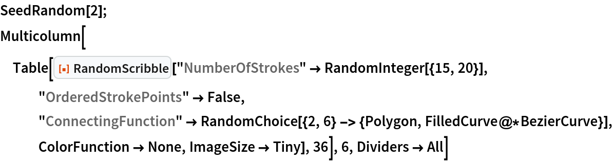 SeedRandom[2]; Multicolumn[
 Table[ResourceFunction["RandomScribble"][
   "NumberOfStrokes" -> RandomInteger[{15, 20}], "OrderedStrokePoints" -> False, "ConnectingFunction" -> RandomChoice[{2, 6} -> {Polygon, FilledCurve@*BezierCurve}], ColorFunction -> None, ImageSize -> Tiny], 36], 6, Dividers -> All]