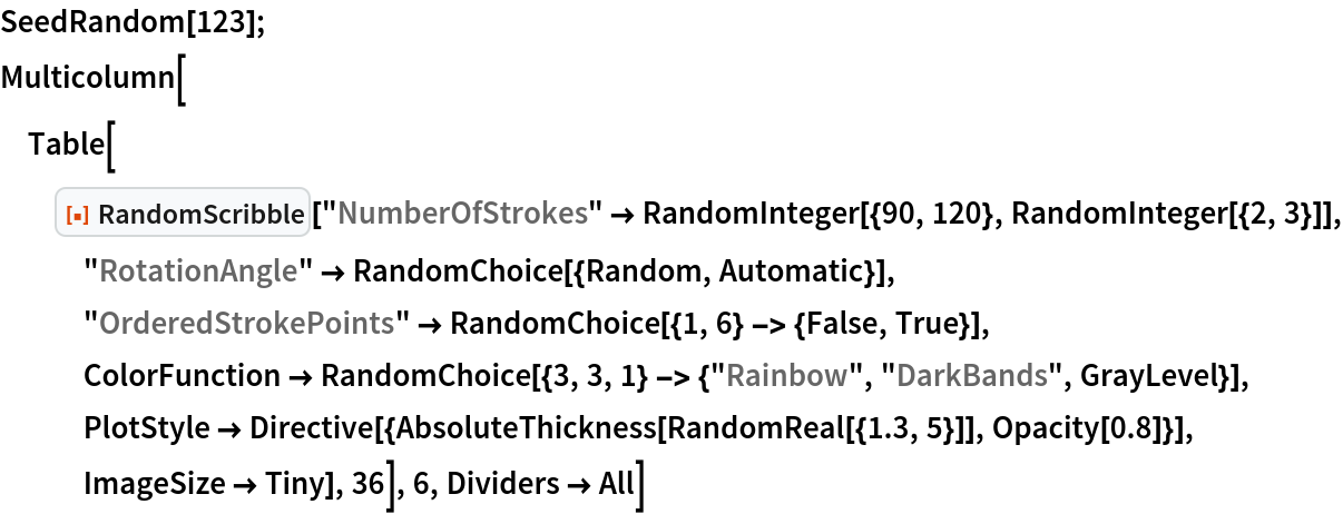 SeedRandom[123]; Multicolumn[
 Table[ResourceFunction["RandomScribble"][
   "NumberOfStrokes" -> RandomInteger[{90, 120}, RandomInteger[{2, 3}]], "RotationAngle" -> RandomChoice[{Random, Automatic}], "OrderedStrokePoints" -> RandomChoice[{1, 6} -> {False, True}], ColorFunction -> RandomChoice[{3, 3, 1} -> {"Rainbow", "DarkBands", GrayLevel}], PlotStyle -> Directive[{AbsoluteThickness[RandomReal[{1.3, 5}]], Opacity[0.8]}], ImageSize -> Tiny], 36], 6, Dividers -> All]