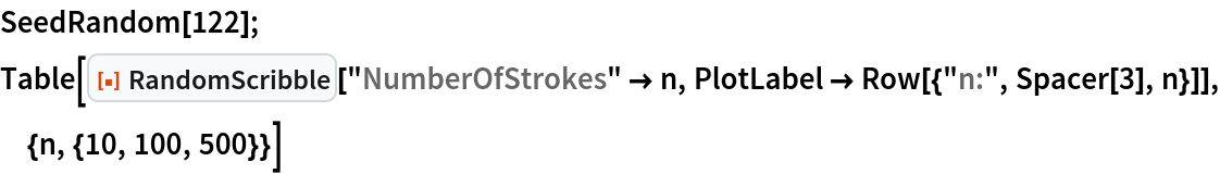 SeedRandom[122];
Table[ResourceFunction["RandomScribble"]["NumberOfStrokes" -> n, PlotLabel -> Row[{"n:", Spacer[3], n}]], {n, {10, 100, 500}}]