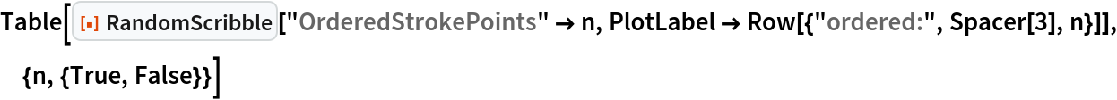 Table[ResourceFunction["RandomScribble"]["OrderedStrokePoints" -> n, PlotLabel -> Row[{"ordered:", Spacer[3], n}]], {n, {True, False}}]