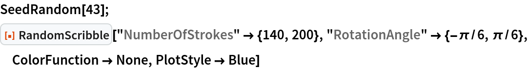 SeedRandom[43];
ResourceFunction["RandomScribble"]["NumberOfStrokes" -> {140, 200}, "RotationAngle" -> {-\[Pi]/6, \[Pi]/6}, ColorFunction -> None, PlotStyle -> Blue]