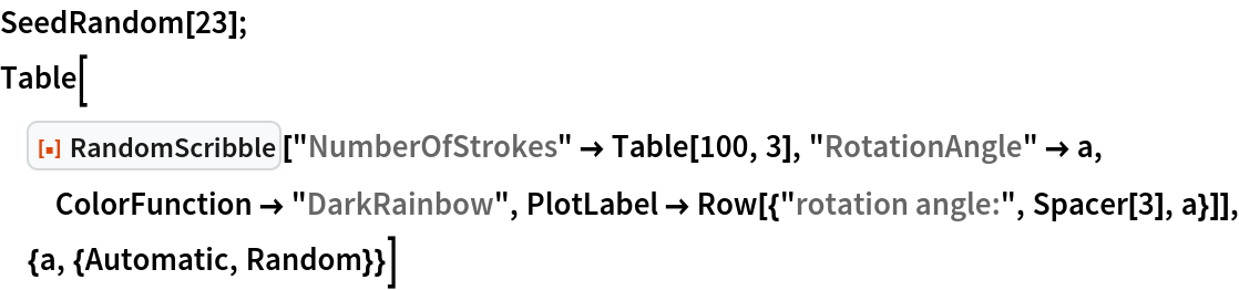 SeedRandom[23];
Table[
 ResourceFunction["RandomScribble"][
  "NumberOfStrokes" -> Table[100, 3], "RotationAngle" -> a, ColorFunction -> "DarkRainbow", PlotLabel -> Row[{"rotation angle:", Spacer[3], a}]], {a, {Automatic, Random}}]