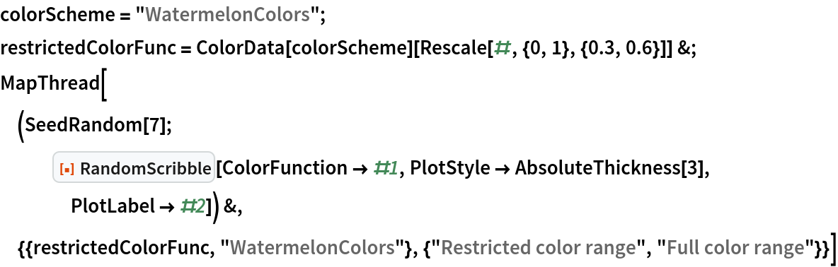 colorScheme = "WatermelonColors";
restrictedColorFunc = ColorData[colorScheme][Rescale[#, {0, 1}, {0.3, 0.6}]] &;
MapThread[
 (SeedRandom[7];
   ResourceFunction["RandomScribble"][ColorFunction -> #1, PlotStyle -> AbsoluteThickness[3], PlotLabel -> #2]) &,
 {{restrictedColorFunc, "WatermelonColors"}, {"Restricted color range", "Full color range"}}]