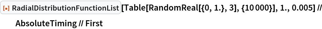 ResourceFunction["RadialDistributionFunctionList"][
   Table[RandomReal[{0, 1.}, 3], {10000}], 1., 0.005] // AbsoluteTiming // First