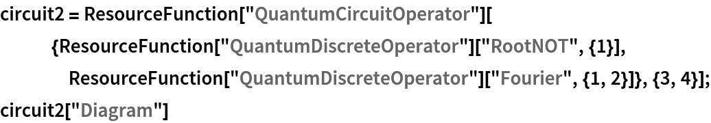 circuit2 = ResourceFunction[
    "QuantumCircuitOperator"][{ResourceFunction[
      "QuantumDiscreteOperator"]["RootNOT", {1}], ResourceFunction["QuantumDiscreteOperator"][
     "Fourier", {1, 2}]}, {3, 4}];
circuit2["Diagram"]