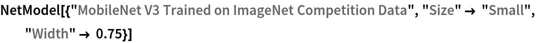 NetModel[{"MobileNet V3 Trained on ImageNet Competition Data", "Size" -> "Small", "Width" -> 0.75}]