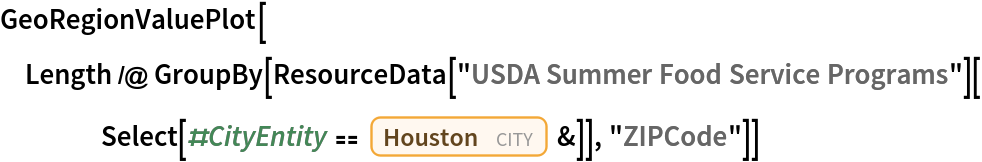 GeoRegionValuePlot[Length /@ GroupBy[ResourceData[\!\(\*
TagBox["\"\<USDA Summer Food Service Programs\>\"",
#& ,
BoxID -> "ResourceTag-USDA Summer Food Service Programs-Input",
AutoDelete->True]\)][
    Select[#CityEntity == Entity["City", {"Houston", "Texas", "UnitedStates"}] &]], "ZIPCode"]]