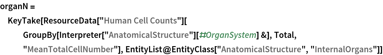 organN = KeyTake[
  ResourceData["Human Cell Counts"][
   GroupBy[Interpreter["AnatomicalStructure"][#OrganSystem] &], Total,
    "MeanTotalCellNumber"], EntityList@EntityClass["AnatomicalStructure", "InternalOrgans"]]