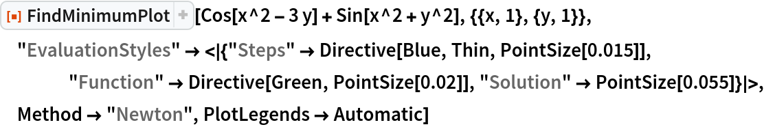 ResourceFunction["FindMinimumPlot"][
 Cos[x^2 - 3 y] + Sin[x^2 + y^2], {{x, 1}, {y, 1}}, "EvaluationStyles" -> <|{"Steps" -> Directive[Blue, Thin, PointSize[0.015]], "Function" -> Directive[Green, PointSize[0.02]], "Solution" -> PointSize[0.055]}|>, Method -> "Newton", PlotLegends -> Automatic]