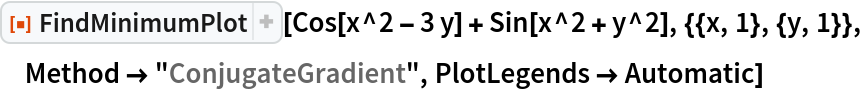 ResourceFunction["FindMinimumPlot"][
 Cos[x^2 - 3 y] + Sin[x^2 + y^2], {{x, 1}, {y, 1}}, Method -> "ConjugateGradient", PlotLegends -> Automatic]