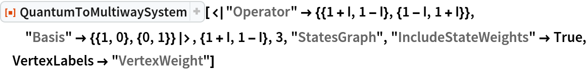 ResourceFunction[
 "QuantumToMultiwaySystem"][<|
  "Operator" -> {{1 + I, 1 - I}, {1 - I, 1 + I}}, "Basis" -> {{1, 0}, {0, 1}}|>, {1 + I, 1 - I}, 3, "StatesGraph", "IncludeStateWeights" -> True, VertexLabels -> "VertexWeight"]