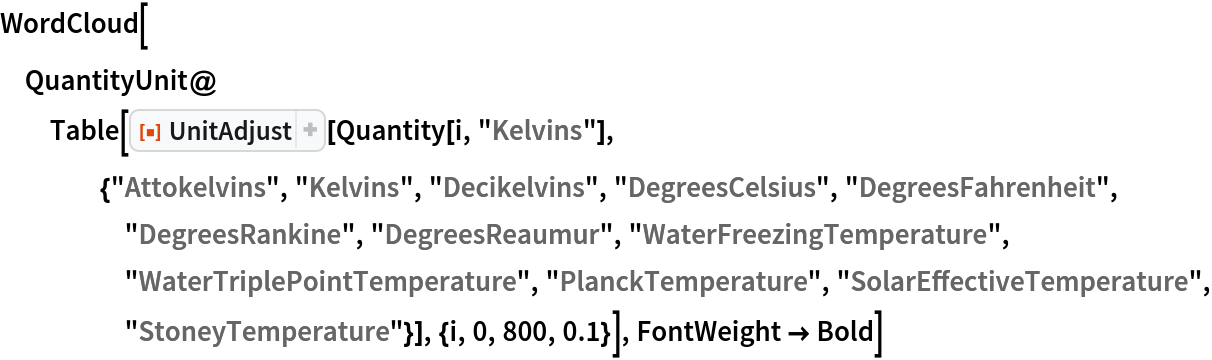 WordCloud[
 QuantityUnit@
  Table[ResourceFunction["UnitAdjust"][
    Quantity[i, "Kelvins"], {"Attokelvins", "Kelvins", "Decikelvins", "DegreesCelsius", "DegreesFahrenheit", "DegreesRankine", "DegreesReaumur", "WaterFreezingTemperature", "WaterTriplePointTemperature", "PlanckTemperature", "SolarEffectiveTemperature", "StoneyTemperature"}], {i, 0, 800, 0.1}], FontWeight -> Bold]
