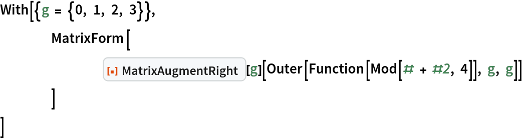 With[{g = {0, 1, 2, 3}},
 	MatrixForm[
  		ResourceFunction["MatrixAugmentRight"][g][
   Outer[Function[Mod[# + #2, 4]], g, g]]
  	]
 ]