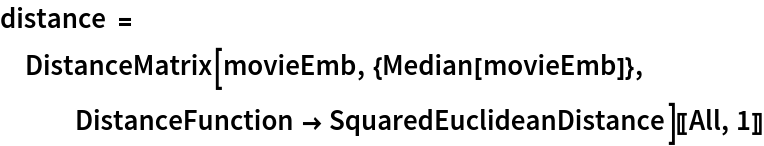 distance = DistanceMatrix[movieEmb, {Median[movieEmb]}, DistanceFunction -> SquaredEuclideanDistance][[All, 1]]