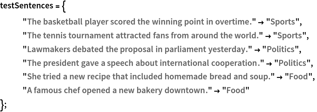 testSentences = {
   "The basketball player scored the winning point in overtime." -> "Sports",
   "The tennis tournament attracted fans from around the world." -> "Sports",
   "Lawmakers debated the proposal in parliament yesterday." -> "Politics",
   "The president gave a speech about international cooperation." -> "Politics",
   "She tried a new recipe that included homemade bread and soup." -> "Food",
   "A famous chef opened a new bakery downtown." -> "Food"
   };