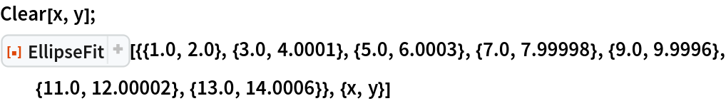 Clear[x, y];
ResourceFunction[
 "EllipseFit", ResourceSystemBase -> "https://www.wolframcloud.com/obj/resourcesystem/api/1.0"][{{1.0, 2.0}, {3.0, 4.0001}, {5.0, 6.0003}, {7.0, 7.99998}, {9.0, 9.9996}, {11.0, 12.00002}, {13.0, 14.0006}}, {x, y}]
